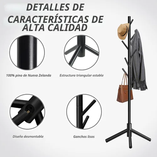 Miniatura 5 de Unisakey Perchero de madera duradero, perchero independiente con base triangular estable, 8 ganchos y 3 alturas ajustables, montaje simple para Negro