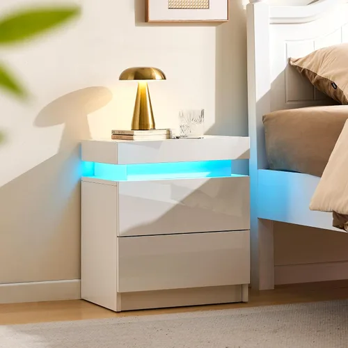 CLIPOP Moderna mesita de noche, mesita de noche LED con 2 cajones de alto brillo, armario de mesita de noche con luz de control remoto, mesita de