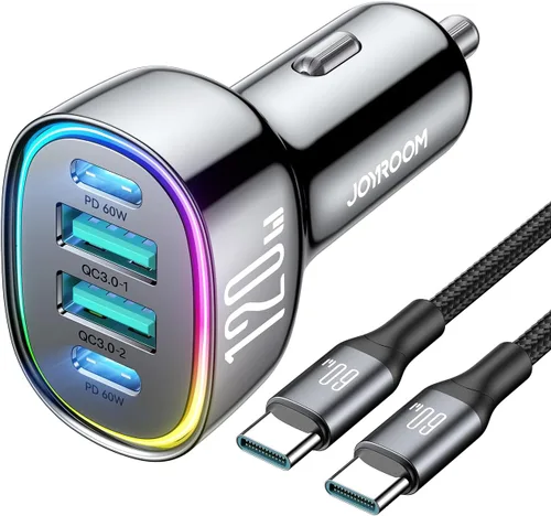 Cargador de coche de 120 W para iPhone 17 Pro Max, doble PD 60 W y cargador USB QC 3.0 con cable tipo C de 60 W, cargador de automóvil USB C,