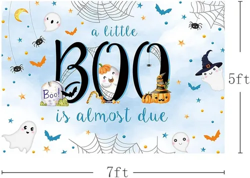 Miniatura 3 de MEHOFOND Telón de fondo de Halloween de 7 x 5 pies para baby shower con texto en inglés "A Little Boo is Almost Due Blue Water" para niño