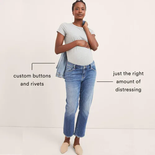Miniatura 3 de HATCH Jeans de maternidad estilo boyfriend, jeans de embarazo de pierna recta con puños desgastados, cintura expandible debajo del vientre