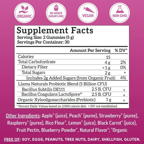 Miniatura 3 de Llama Naturals Probióticos para mujeres y hombres con fibra prebiótica, veganas, orgánicas, gomitas probióticas para apoyo a la salud intestinal