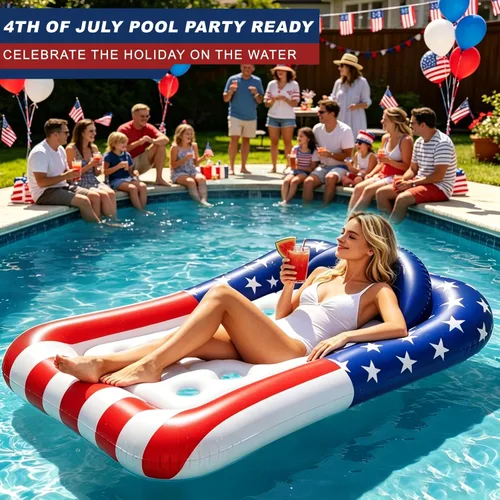 Miniatura 6 de Flotador inflable de gran tamaño con bandera de Estados Unidos para adultos, 71 x 50 pulgadas, flotadores de piscina extra grandes para tumbona