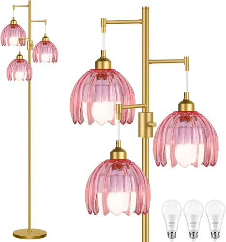 Miniatura 16 de Lámparas de pie doradas para sala de estar lámpara de pie vintage con forma de L de vidrio y tres bombillas led, lámpara de pie verde de latón