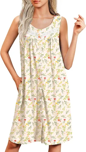 Miniatura 20 de Ekouaer Camisones para mujer, con botones, sin mangas, suave, con bolsillos, tallas S-XXXL