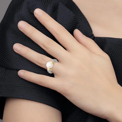 Miniatura 7 de Anillo de plata de ley 925 maciza con diamantes de oro amarillo de 14 k y perlas cultivadas de agua dulce (.03 cttw.)
