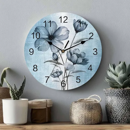 Miniatura 2 de Reloj de pared de flores azules, 10 pulgadas, silencioso, sin tictac, estilo retro, funciona con pilas, elegante reloj floral degradado
