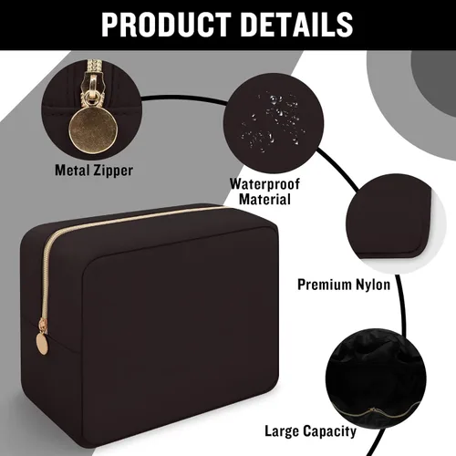 Miniatura 3 de Iqimott Bolsa de Maquillaje Grande de Nylon, Estuche de Viaje Preppy, Bolsa de Cosméticos Grande Organizadora de Maquillaje de Nylon, Bolsa de Negro