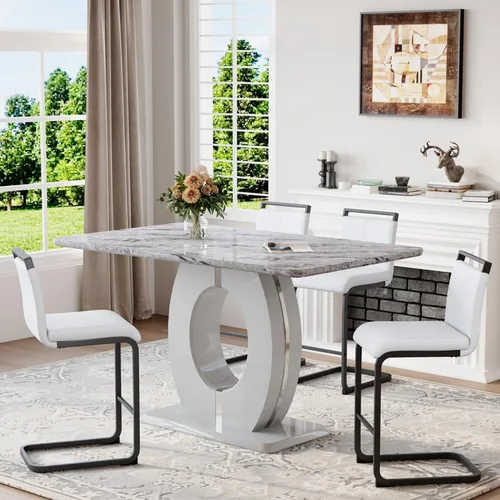 Miniatura 10 de Juego de mesa de comedor de mármol de 63 pulgadas para 6, moderno juego de mesa de comedor de altura de mostrador, mesa alta gris con taburetes
