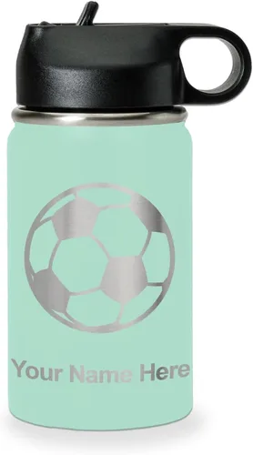 Miniatura 63 de LaserGram Botella de agua personalizada, pelota de fútbol, acero inoxidable de doble pared aislada al vacío con popote superior, regalo grabado