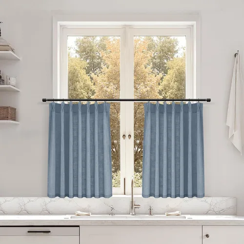 Miniatura 171 de Juego de 2 paneles de cortinas de ventana de cocina beige de 24 pulgadas de largo, con textura de lino, plisadas, filtrantes de luz, semi pequeñas