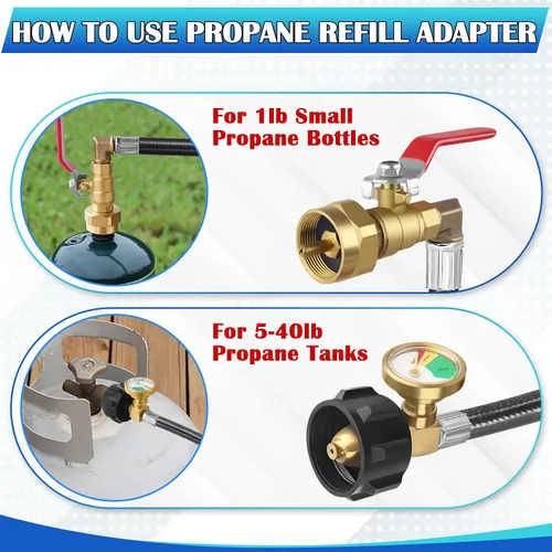 Miniatura 3 de Adaptador de recarga de propano con válvula y manómetro, adaptador de llenado de botellas pequeñas de propano de 36 pulgadas, 1 libra, manguera