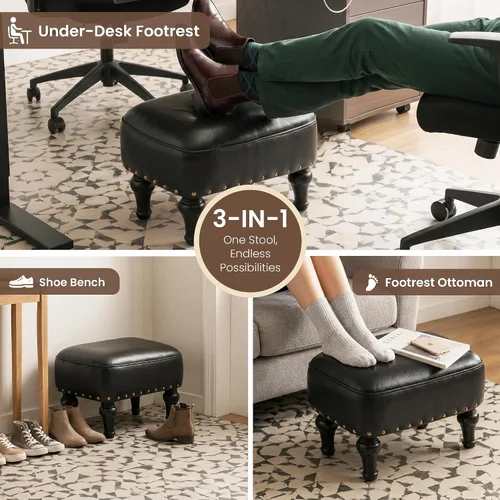 Miniatura 5 de Cmishe Reposapiés otomano de cuero, reposapiés vintage, asiento tapizado de espuma gruesa, reposapiés de madera, banco para zapatos debajo del Negro