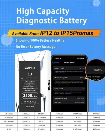 Miniatura 6 de Batería de diagnóstico para iPhone 13 sin advertencia de parte desconocida emergente, 3500 mAh de alta capacidad de polímero de litio recargable