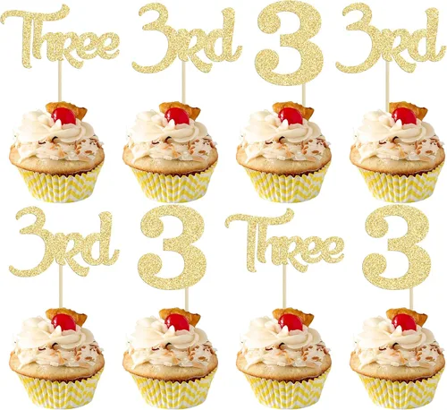 Miniatura 33 de 24 piezas de adornos para cupcakes de tercer cumpleaños, adornos para cupcakes de tercer cumpleaños con purpurina, tres adornos para cupcakes