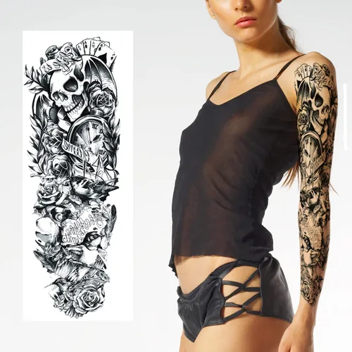 Miniatura 3 de Tatuajes temporales de flor de tótem negro y calavera - 8 hojas de tatuajes realistas de manga para hombres y mujeres, tatuaje falso grande