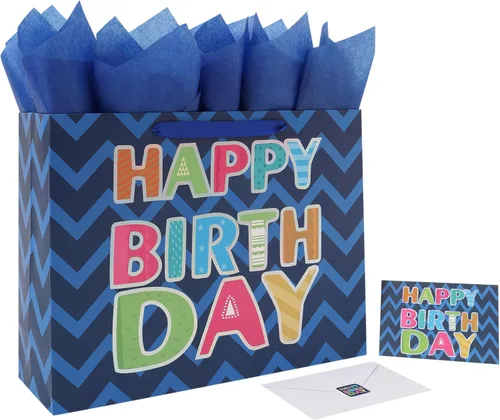 Qirrmiy Juego de bolsa de regalo de cumpleaños azul extragrande de 16.5 pulgadas con asas, tarjeta de felicitación, papel de seda y calcomanías para