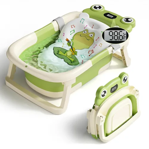 Miniatura 8 de Bañera para bebé, bañera plegable para recién nacidos de 0 a 24 meses con cojín suave y termómetro, bañera portátil de viaje para recién nacidos