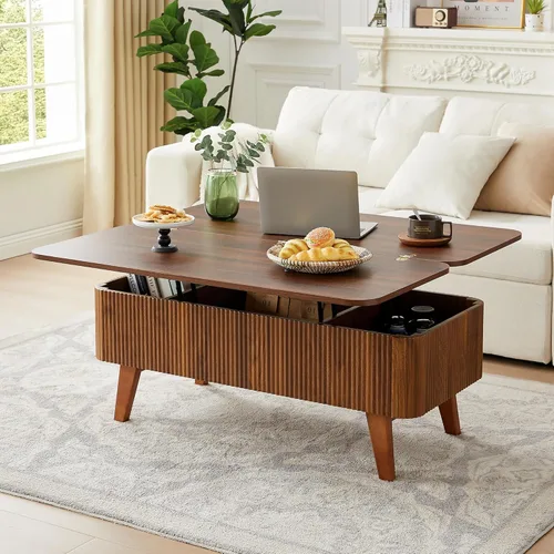 Miniatura 10 de Mesa de centro con parte superior acanalada totalmente montada con compartimento oculto, mesa central de madera, moderna mesa de elevación ovalada