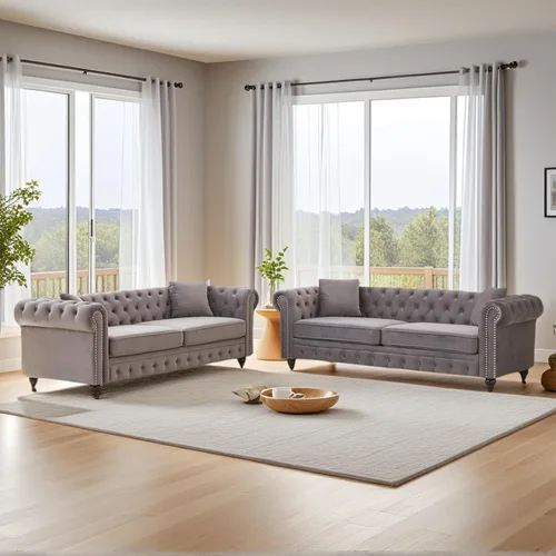 Miniatura 15 de Juego de 2 sofás Chesterfield de terciopelo de 85.5 pulgadas, 3 plazas + 63.5 pulgadas, sofá moderno con brazos enrollados y 2 cojines para sala
