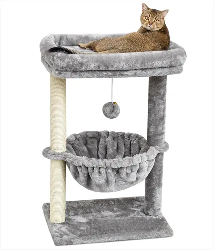 Miniatura 10 de SYANDLVY Árbol pequeño para gatos de interior, torre de actividad para gatos con poste rascador para gatitos, muebles para gatos con cesta y bola