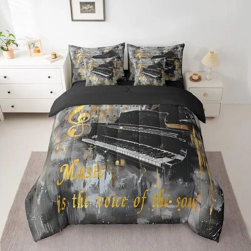 Miniatura 2 de Piano Music 7pcs Comforter King,Musical Notes Bedding Set Kids Girls Boys Teens Room Decor,Retro Graffiti Grey Gold Music Lover Bed in a Multi 11