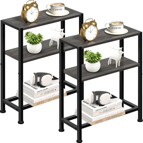 Miniatura 14 de Mesa auxiliar estrecha para espacios pequeños, mesa auxiliar pequeña de 2 niveles con soporte para estantes, mesita de noche delgada, mesa de sofá