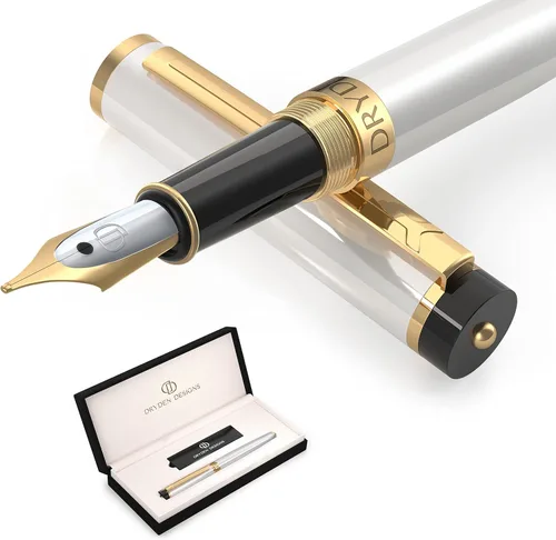 Dryden Designs Pluma estilográfica. Caja premium de punta mediana | 6 cartuchos de tinta incluidos (blanco perla)