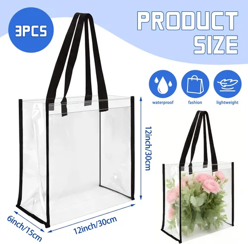 Miniatura 4 de 12 x 12 x 6 pulgadas, bolsas de plástico de PVC transparente con asas para trabajo, playa, almuerzo, deportes, conciertos