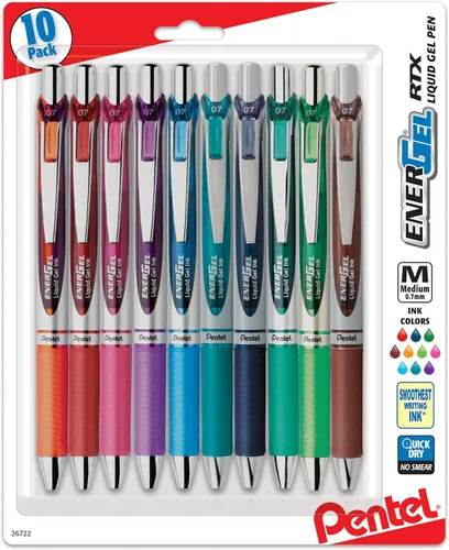 Pentel EnerGel RTX - Bolígrafo de gel líquido retráctil, (¹/₃₂ pulgadas) línea mediana, punta de metal, tinta de colores surtidos, paquete de 10