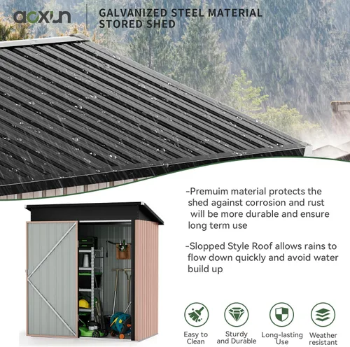 Miniatura 2 de Aoxun Caseta metálica de almacenamiento para exteriores, 4.6 x 2.5 pies, para jardín, para botes de basura, herramientas y bicicletas, color marrón