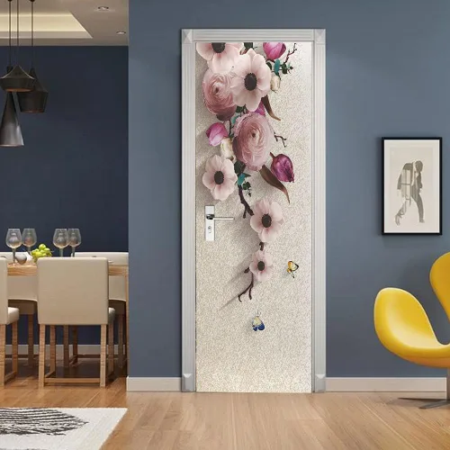 Miniatura 25 de Calcomanías 3D para puerta, murales para despegar y pegar, diseño de flores, papel tapiz para puerta, calcomanías autoadhesivas extraíbles de PVC
