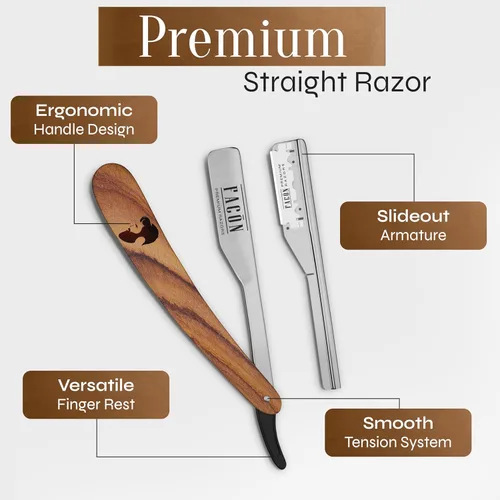 Miniatura 6 de Facón Navajas rectas para hombres - Kit de navaja de barbero profesional de borde recto con 100 cuchillas, afeitadora de acero inoxidable de madera