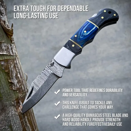 Miniatura 7 de AR Damascus - Cuchillo plegable de bolsillo hecho a mano para supervivencia al aire libre, hecho de mango de madera y acero de Damasco, junto