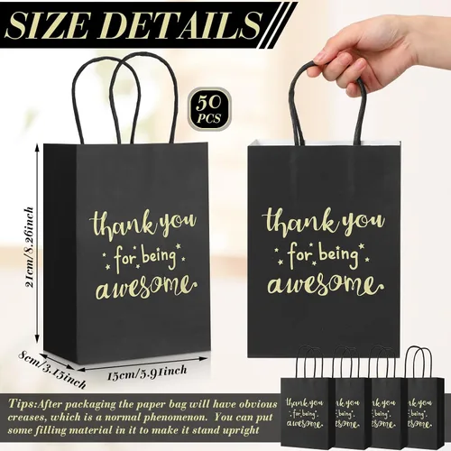Miniatura 3 de Jetec 50 bolsas de regalo de agradecimiento de color negro dorado con asas a granel, 5.9 x 3.1 x 8.3 pulgadas, gracias por ser impresionantes