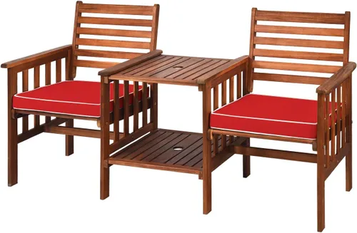 Tangkula Sofá biplaza de madera de acacia, juego de 3 sillas de mesa para exteriores, juego de conversación de patio con mesa auxiliar y cojines