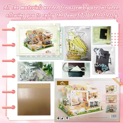 Miniatura 6 de Flever Kit de casa de muñecas en miniatura para bricolaje, habitación creativa con muebles para regalo romántico de San Valentín (Cat Cafe Garden)