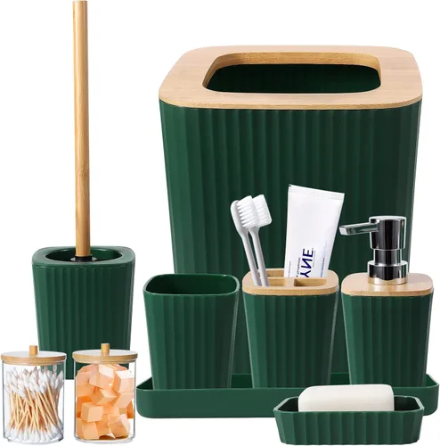 Miniatura 42 de XLHOMO - Juego de baño beige de plástico de 9 piezas, con basurero, dispensador de jabón, portacepillos de dientes, vaso, jabonera, cepillo
