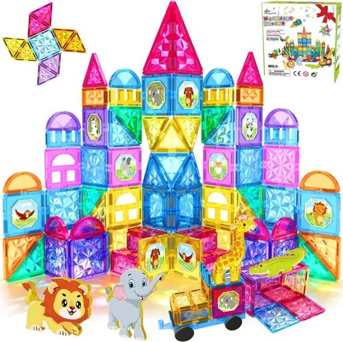 Miniatura 8 de Jasonwell - Azulejos magnéticos, bloques magnéticos para niños 60 piezas, conjuntos de construcción 3D, juguetes con imanes, juguetes educativos