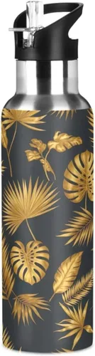 Insulated Stainless Steel Water Bottle with Straw 20 Oz, BPA-Free Sports Water Bottle with Straw for Gym Outdoor Travel School, Tropical Leaves