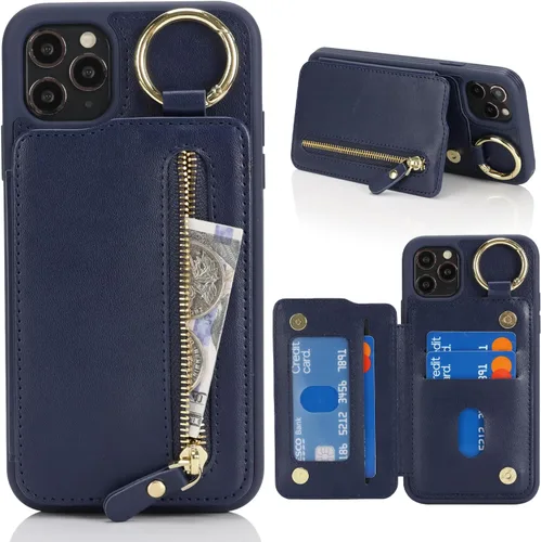Miniatura 10 de Havaya Funda para iPhone 11 Pro Max con tarjetero y llavero, soporte de cuero, a prueba de golpes, con ranuras para tarjetas de crédito, cremallera