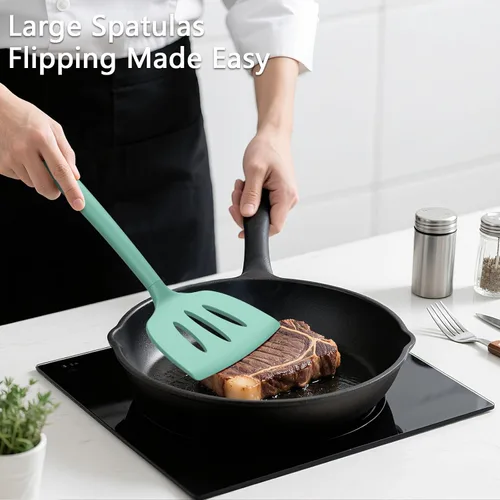 Miniatura 3 de Coukre Juego de 3 espátulas de silicona, resistentes a altas temperaturas, sin BPA, espátula para pescado, volteador sólido y con ranuras