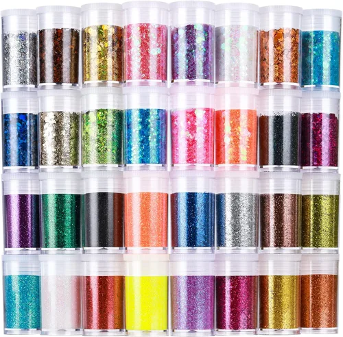 Miniatura 9 de LEOBRO Brillantina gruesa holográfica, juego de 32 colores, purpurina artesanal para resina, vasos para manualidades, uñas, cuerpo, Navidad