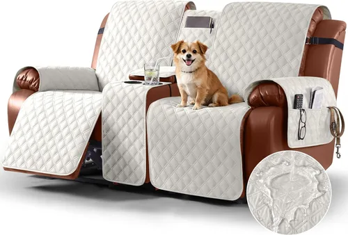 Ruaozz Funda impermeable para sofá biplaza reclinable con consola, funda antideslizante para sofá reclinable dividido, con correas elásticas, Beige
