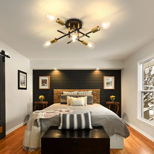 Miniatura 6 de UOFUS Lámpara de techo semiempotrada de 5 luces estilo casa de campo con lámpara E26 moderna lámpara de techo Sputnik negro mate y dorado