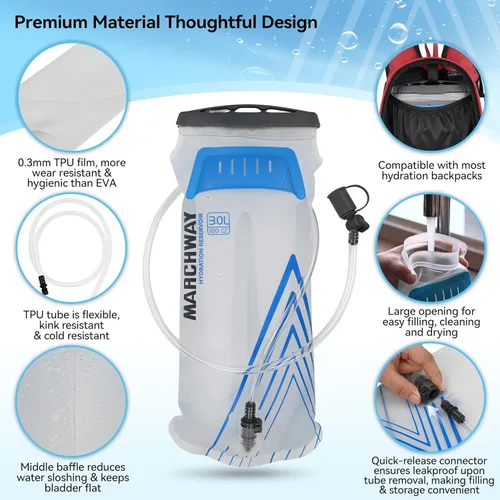 Miniatura 2 de MARCHWAY Bolsa de hidratación ligera de TPU de 2L/3L para paquetes de hidratación, bolsa de depósito de agua de boca ancha con asa de transporte