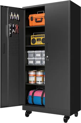 Miniatura 27 de Armario de almacenamiento de metal para garaje con ruedas, gabinete rodante con cerradura para herramientas con cajón y estantes, gabinete móvil