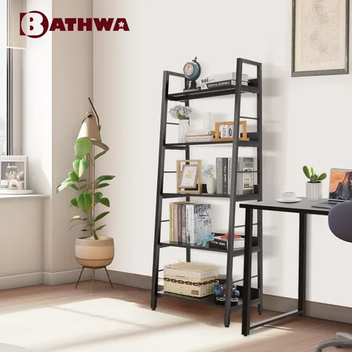 Miniatura 5 de BATHWA Estantería para libros de 5 niveles, estantería industrial de madera abierta y metal, estante de escalera de madera de 59 pulgadas de alto