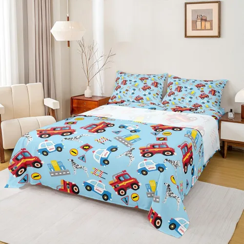 Miniatura 24 de Juego de sábanas de vehículos de rescate, tamaño individual, juego de ropa de cama de ambulancia de coche de policía, camión de bomberos, decoración