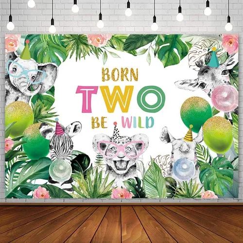 AIBIIN Telón de fondo de 7 x 5 pies para niños, feliz segundo cumpleaños, fotografía, selva, safari, bosque, animales, hojas tropicales, globo,